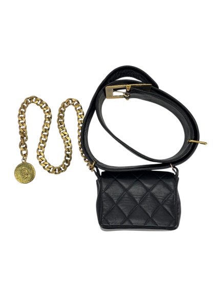 CHANEL - Black Lambskin Medallion Belt Chain Bag 