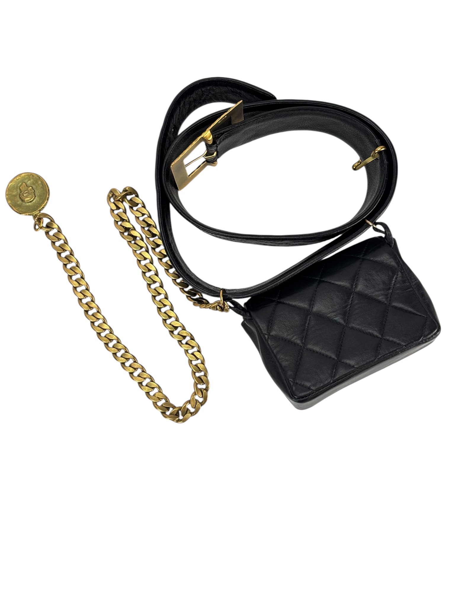 CHANEL - Black Lambskin Medallion Belt Chain Bag 