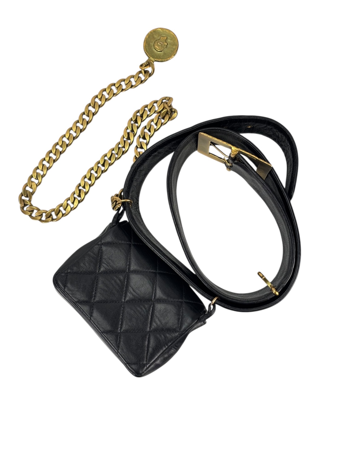 CHANEL - Black Lambskin Medallion Belt Chain Bag 
