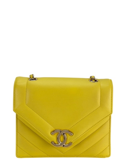 CHANEL - Yellow Calfskin Quilted Chevron Small Envelope Flap Bag