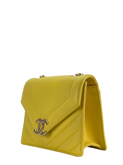 CHANEL - Yellow Calfskin Quilted Chevron Small Envelope Flap Bag
