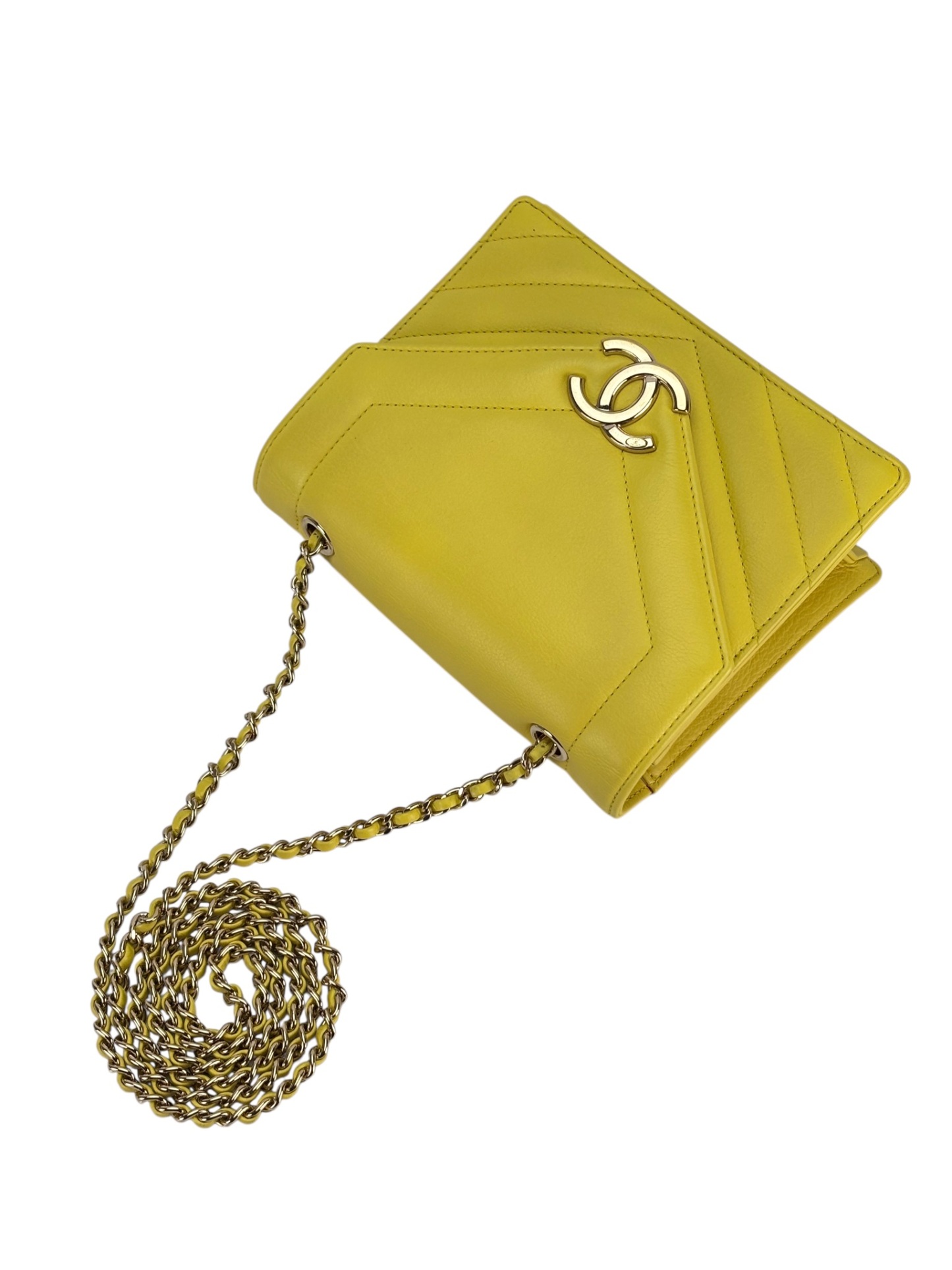 CHANEL - Yellow Calfskin Quilted Chevron Small Envelope Flap Bag