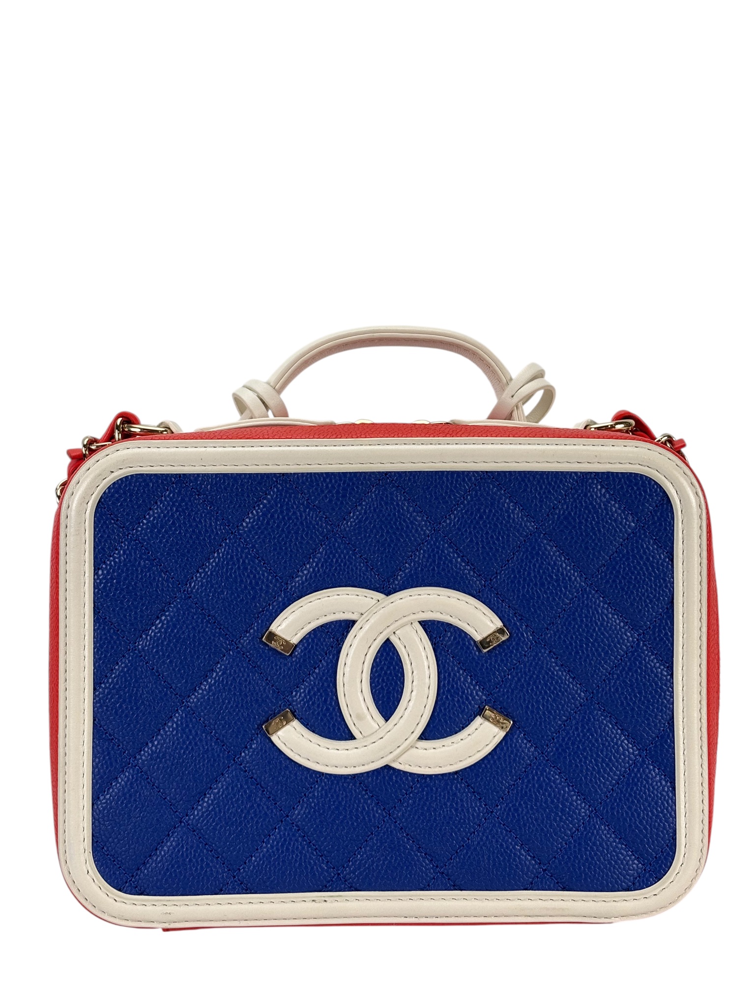 CHANEL - Blue Red Caviar Quilted Small CC Filigree Vanity Case