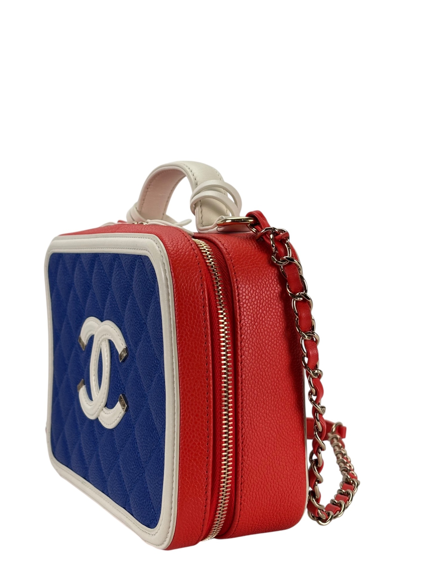 CHANEL - Blue Red Caviar Quilted Small CC Filigree Vanity Case