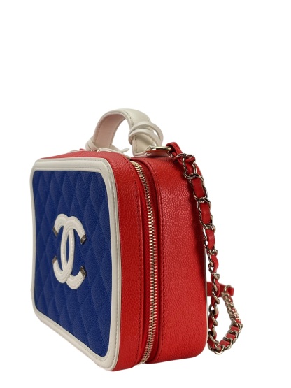 CHANEL - Blue Red Caviar Quilted Small CC Filigree Vanity Case