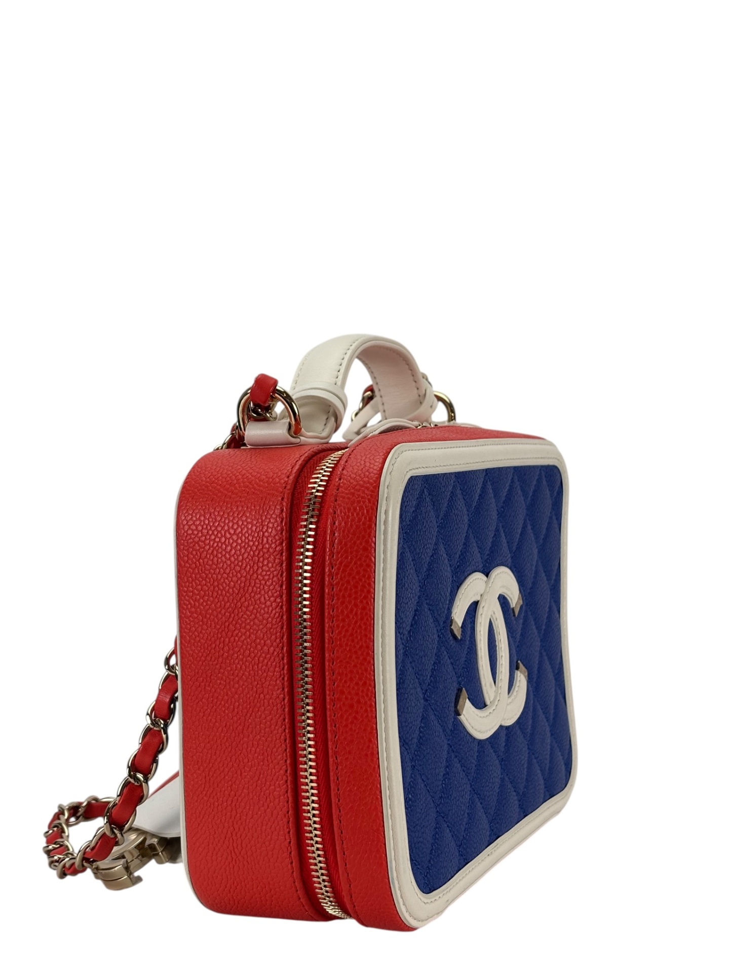CHANEL - Blue Red Caviar Quilted Small CC Filigree Vanity Case