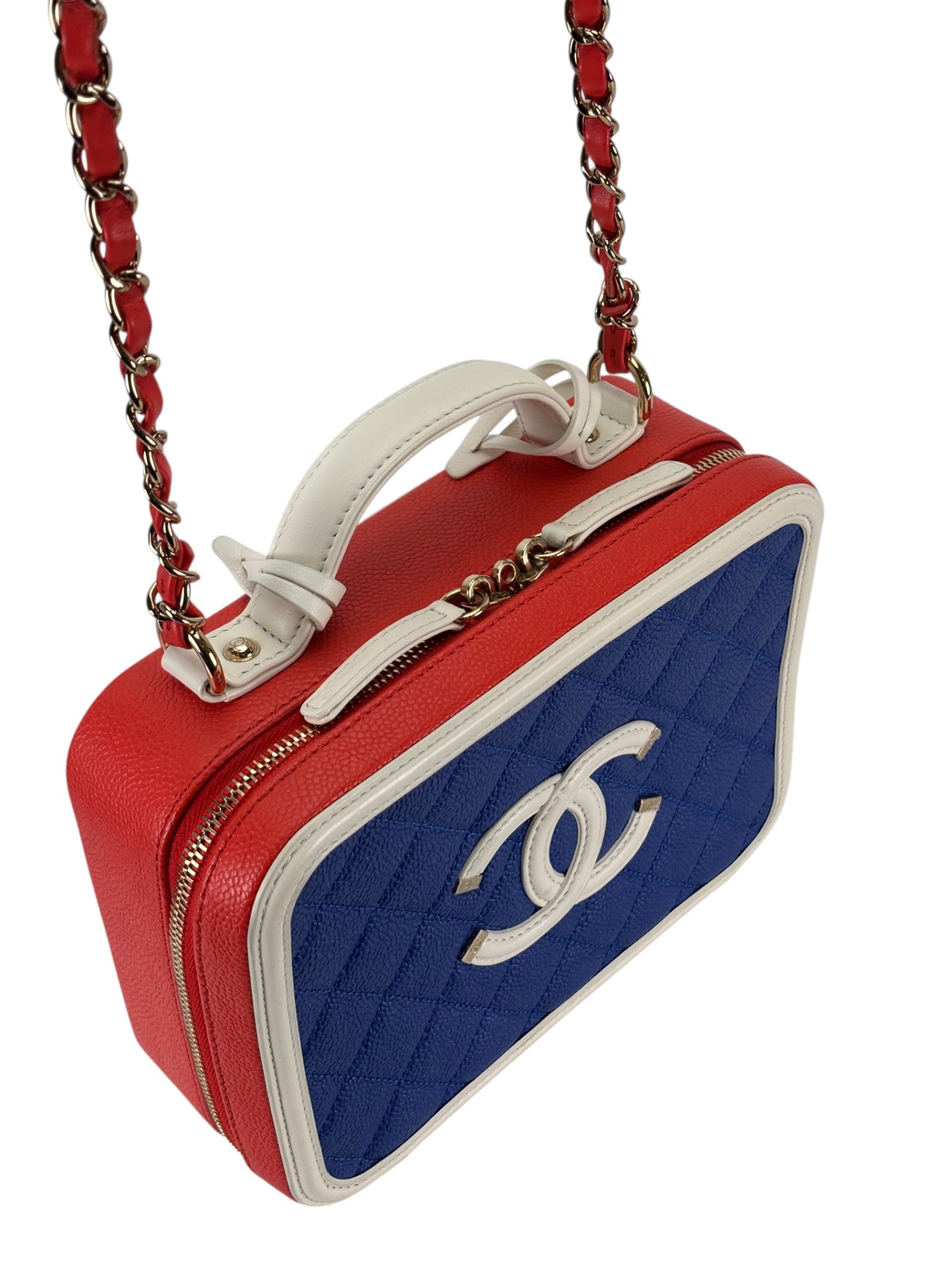 CHANEL - Blue Red Caviar Quilted Small CC Filigree Vanity Case