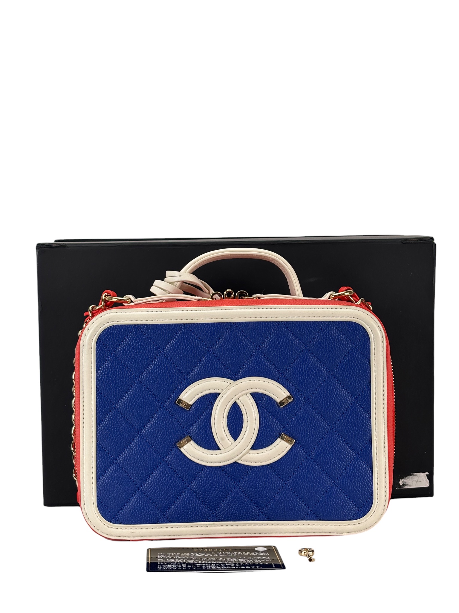 CHANEL - Blue Red Caviar Quilted Small CC Filigree Vanity Case