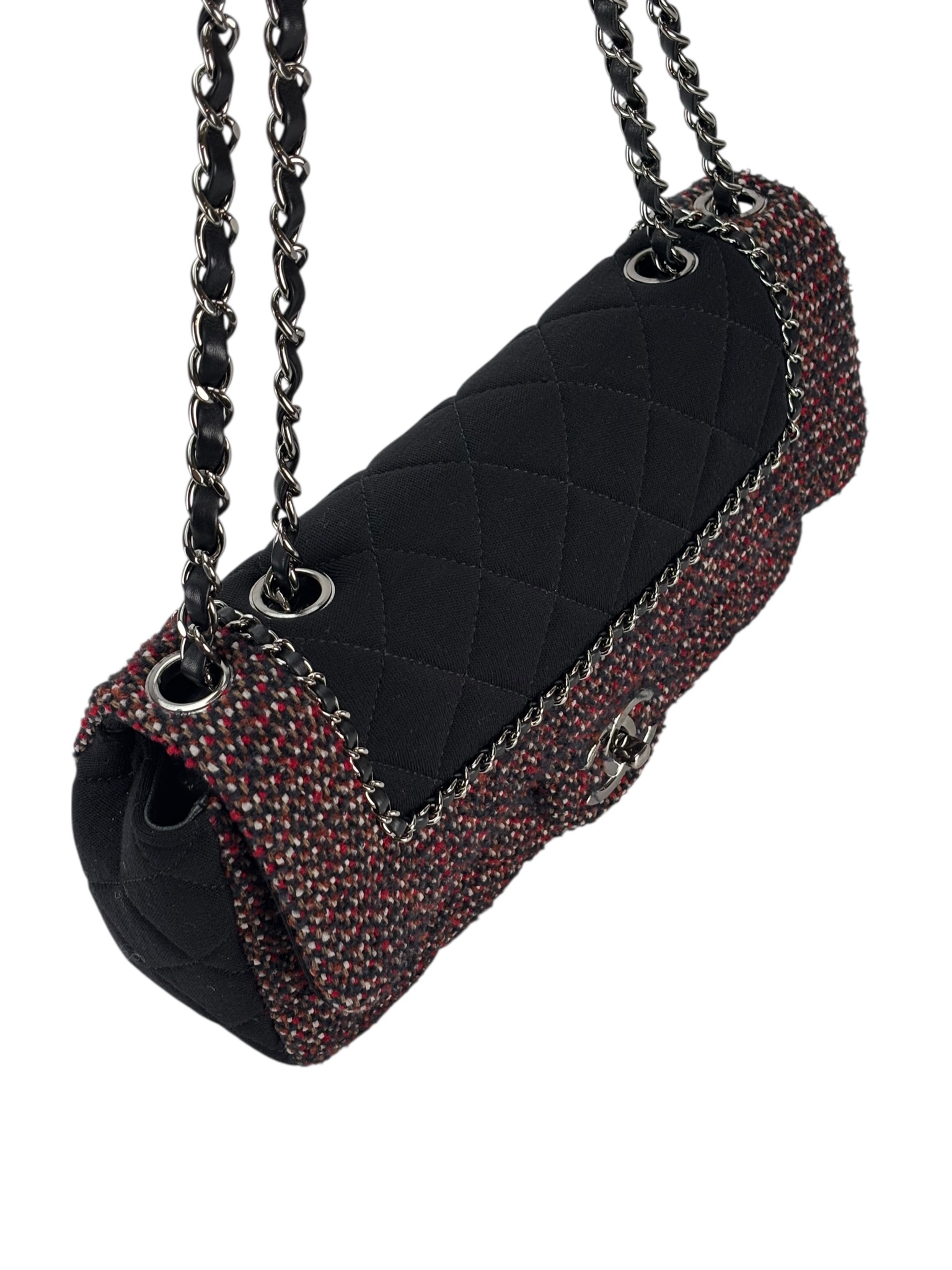 CHANEL - Medium Classic Double Flap Bag Black Tweed Sliver Hardware (CF25) 