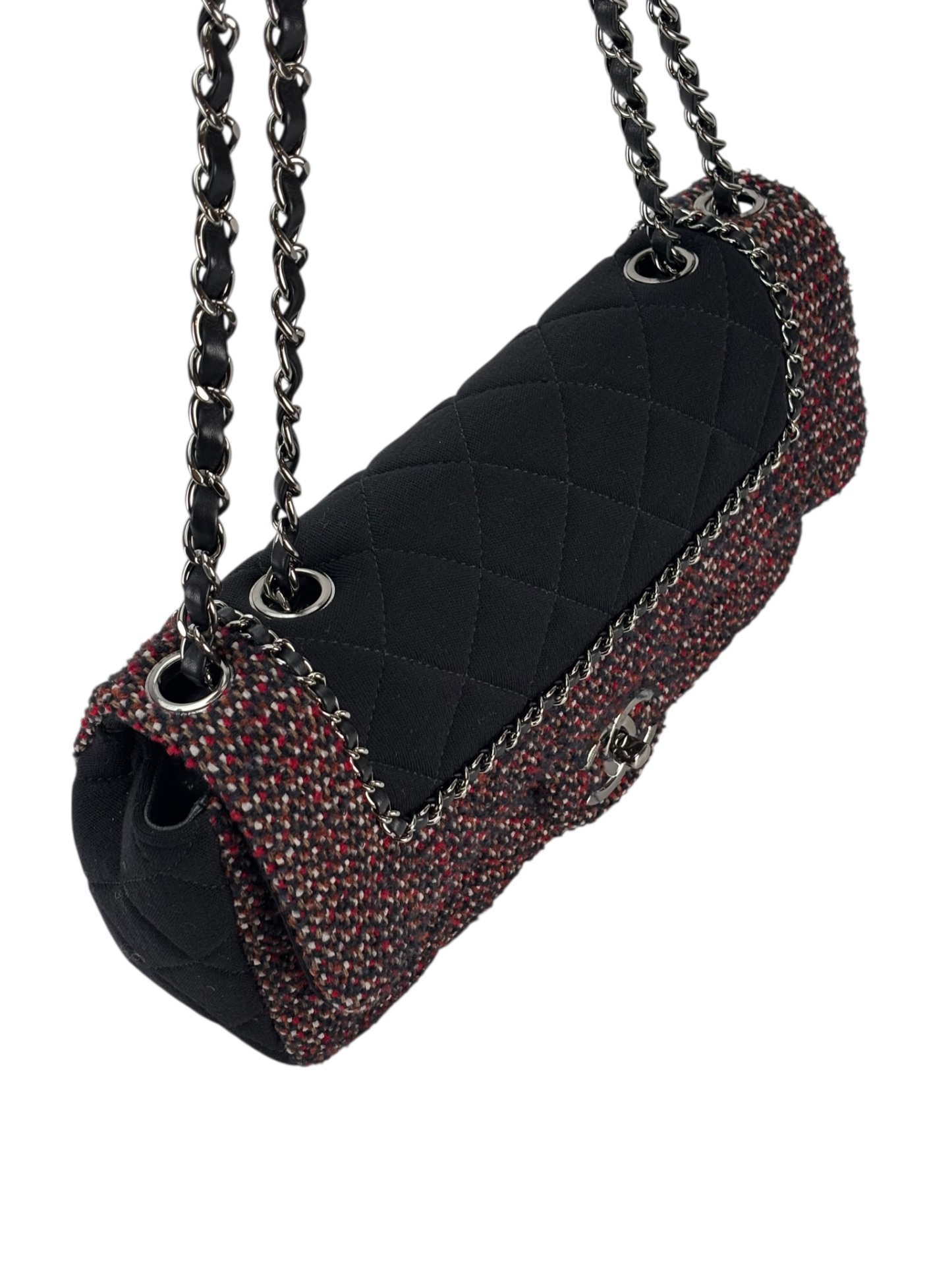 CHANEL - Medium Classic Double Flap Bag Black Tweed Sliver Hardware (CF25) 