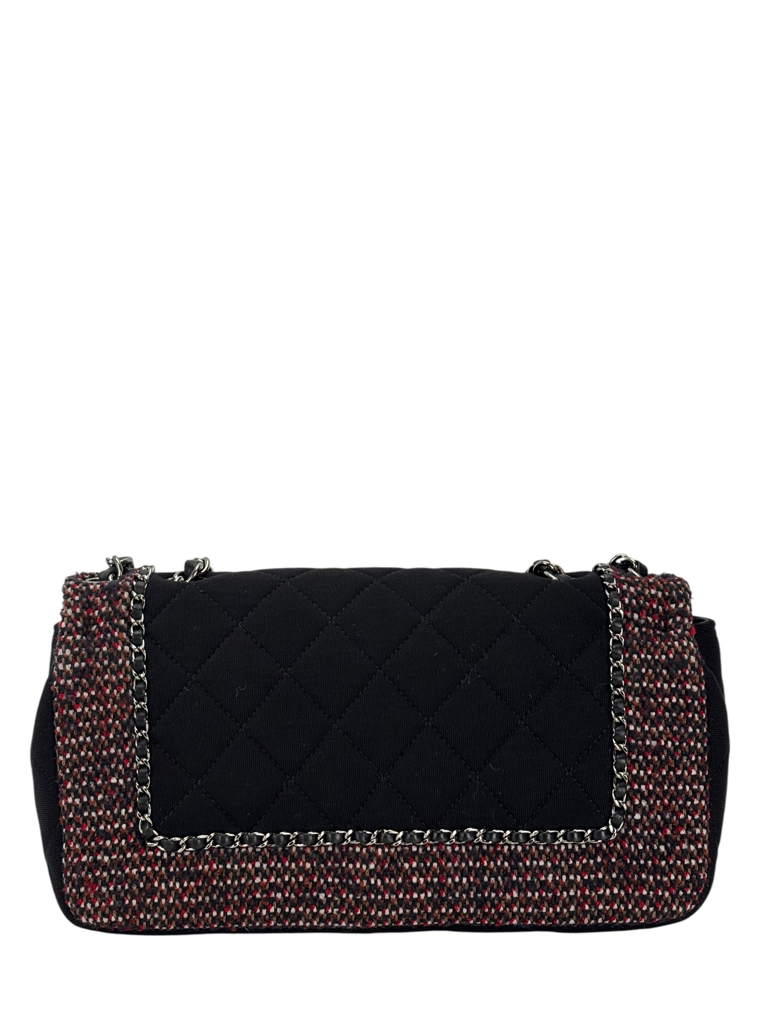 CHANEL - Medium Classic Double Flap Bag Black Tweed Sliver Hardware (CF25) 