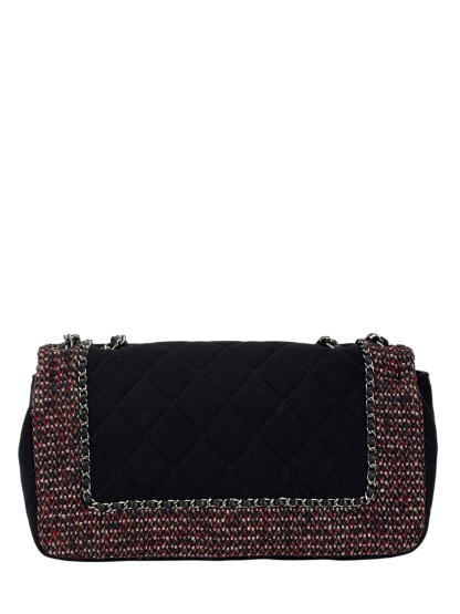 CHANEL - Medium Classic Double Flap Bag Black Tweed Sliver Hardware (CF25) 