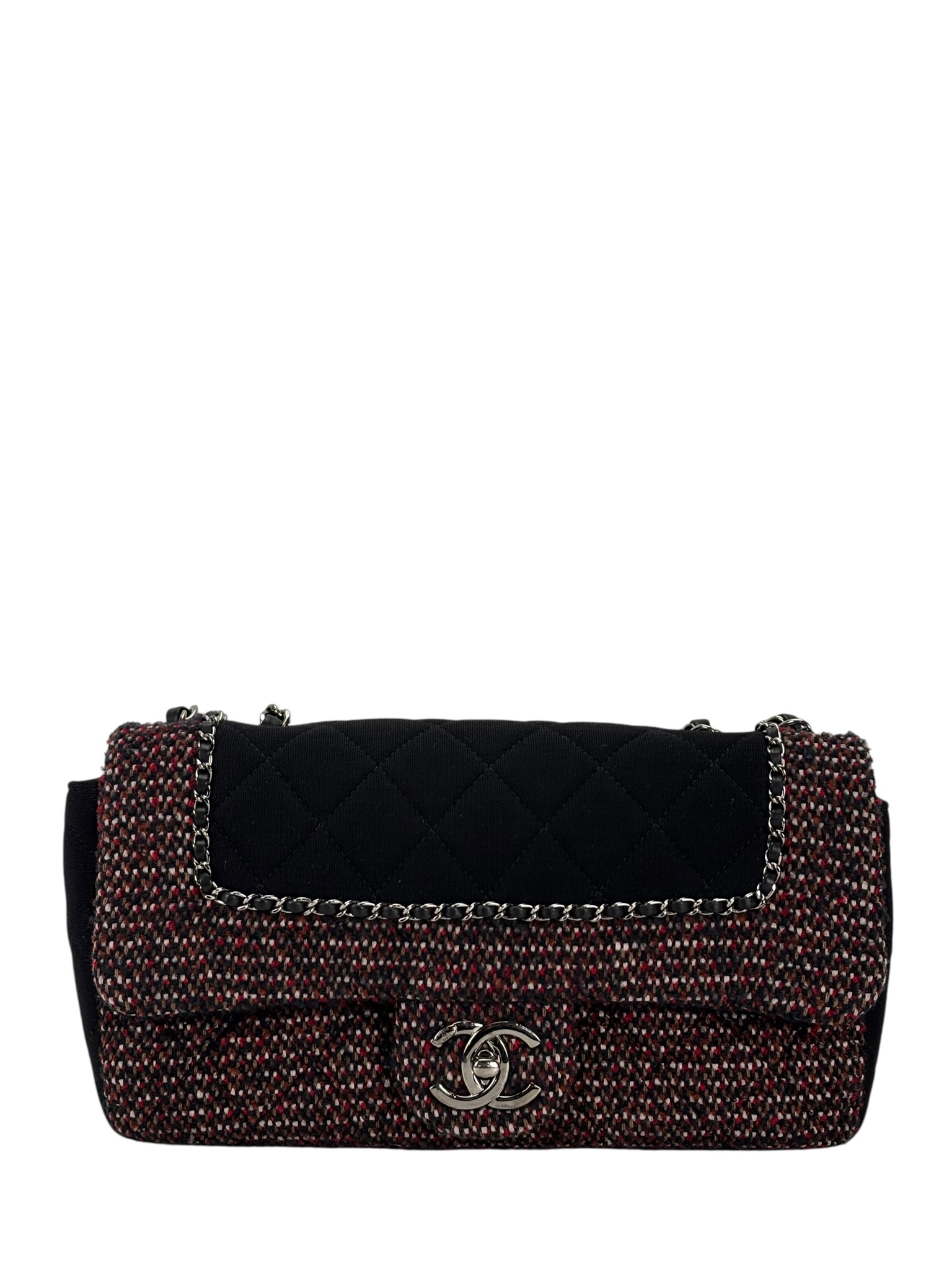 CHANEL - Medium Classic Double Flap Bag Black Tweed Sliver Hardware (CF25) 