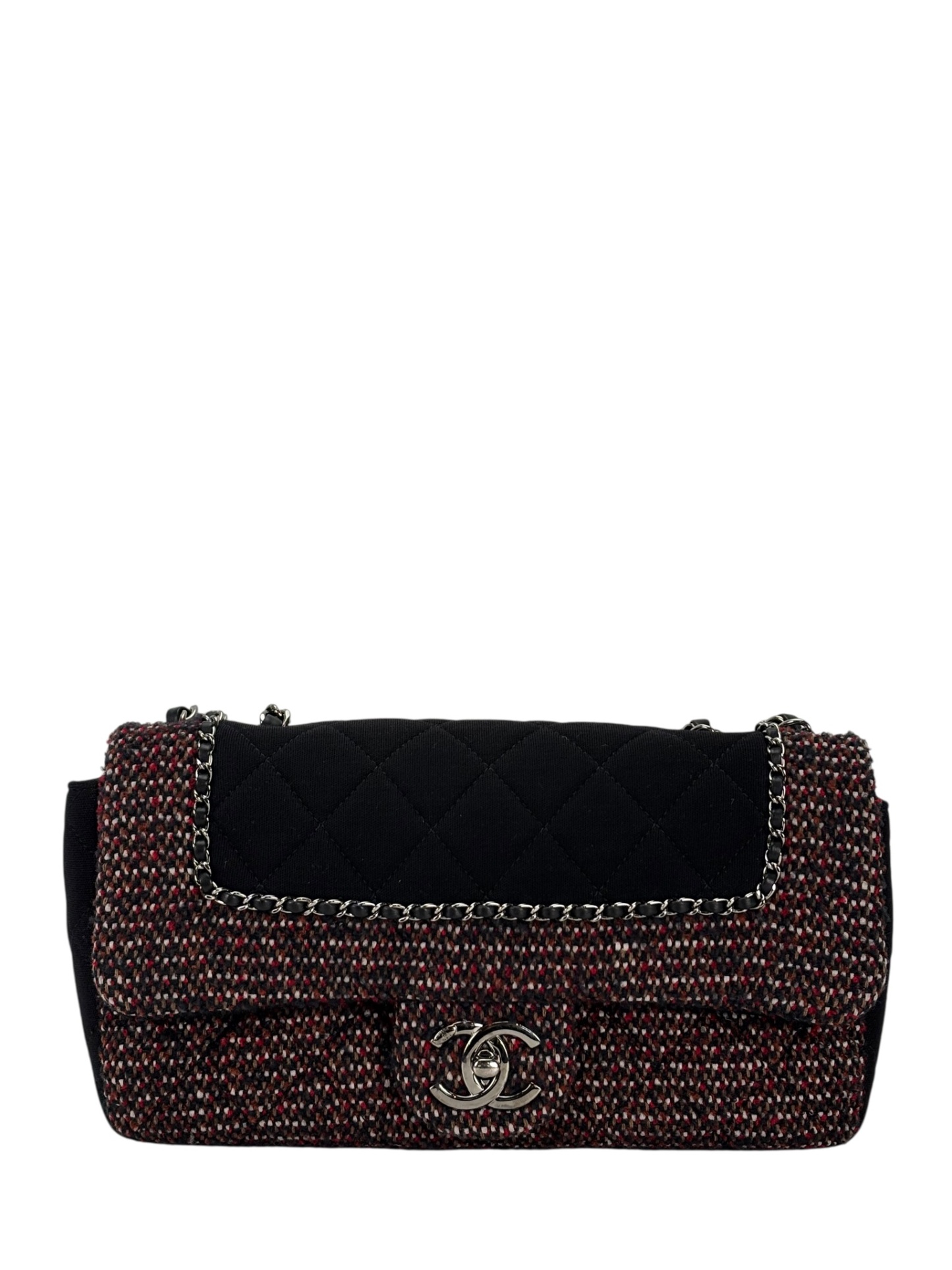 CHANEL - Medium Classic Double Flap Bag Black Tweed Sliver Hardware (CF25) 