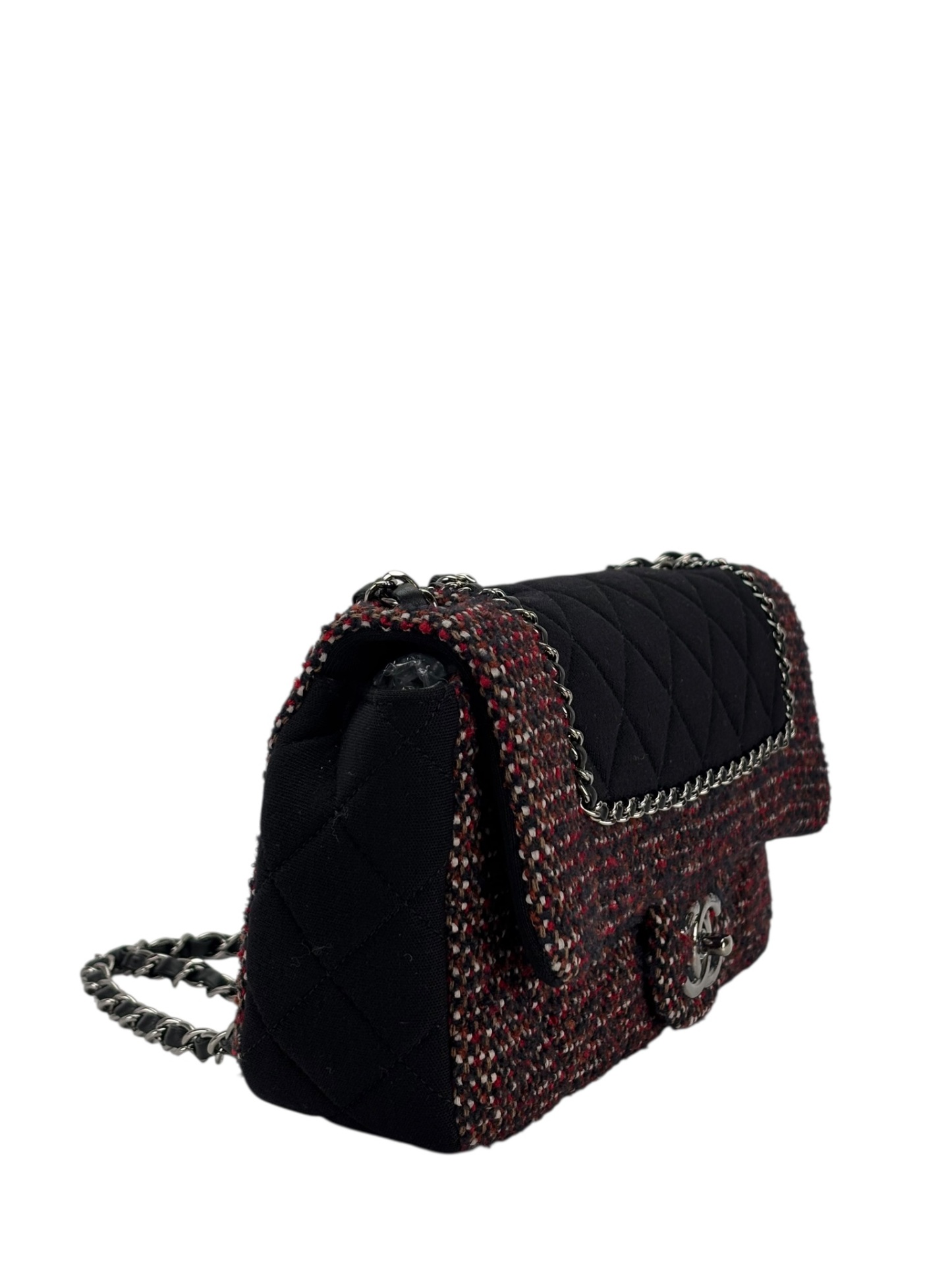 CHANEL - Medium Classic Double Flap Bag Black Tweed Sliver Hardware (CF25) 