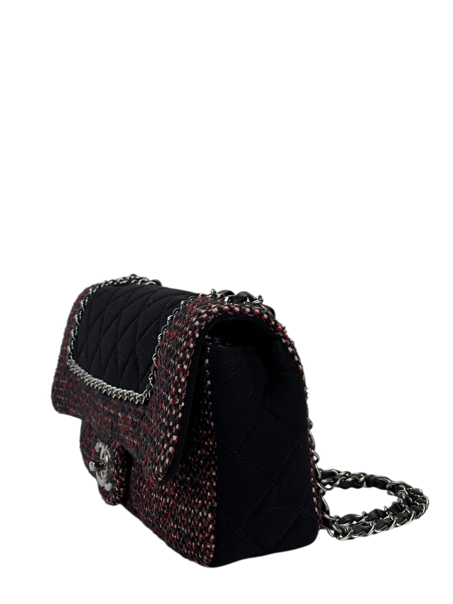 CHANEL - Medium Classic Double Flap Bag Black Tweed Sliver Hardware (CF25) 