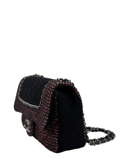 CHANEL - Medium Classic Double Flap Bag Black Tweed Sliver Hardware (CF25) 