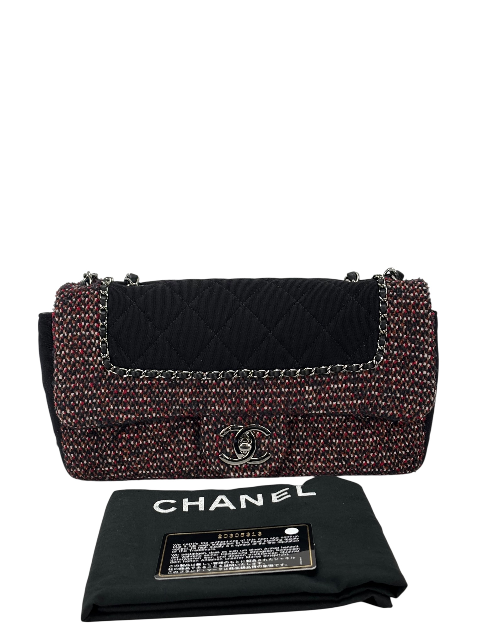 CHANEL - Medium Classic Double Flap Bag Black Tweed Sliver Hardware (CF25) 