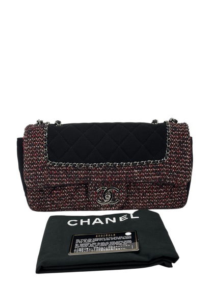 CHANEL - Medium Classic Double Flap Bag Black Tweed Sliver Hardware (CF25) 