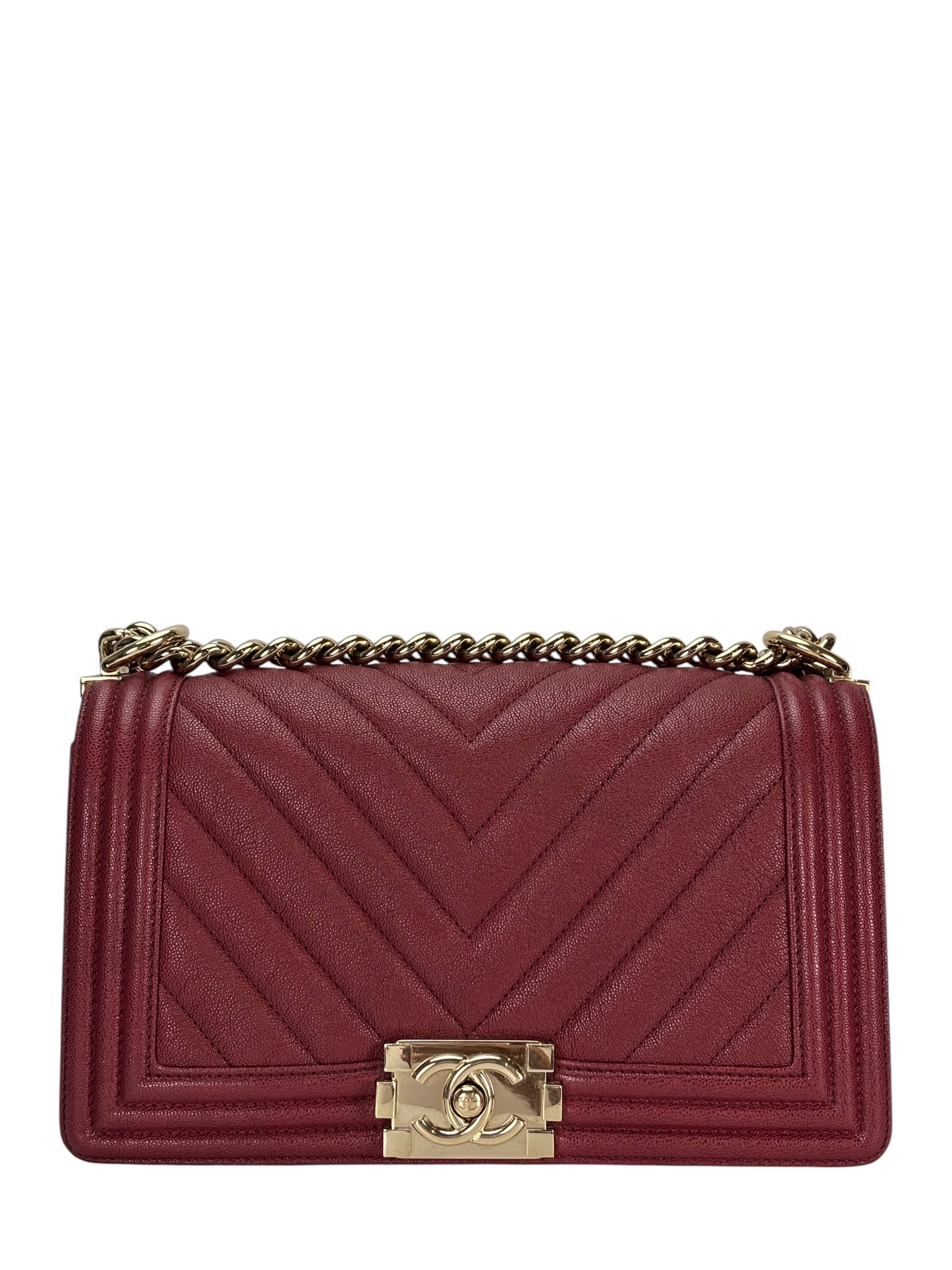 CHANEL -  Medium Boy Flap Bag Dark Red Caviar Metal Gold