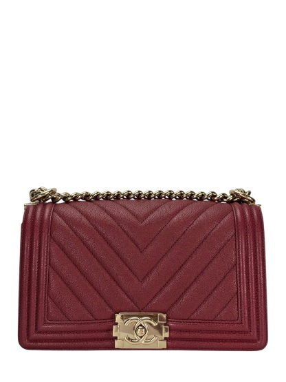 CHANEL -  Medium Boy Flap Bag Dark Red Caviar Metal Gold