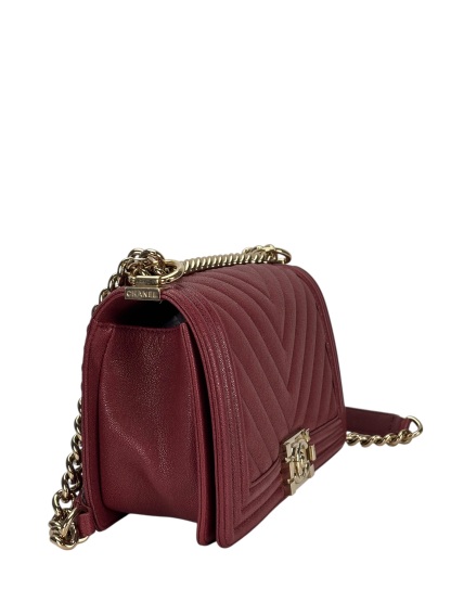 CHANEL -  Medium Boy Flap Bag Dark Red Caviar Metal Gold