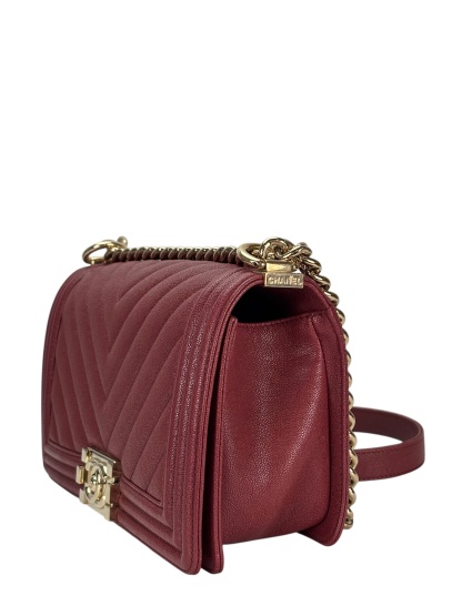 CHANEL -  Medium Boy Flap Bag Dark Red Caviar Metal Gold