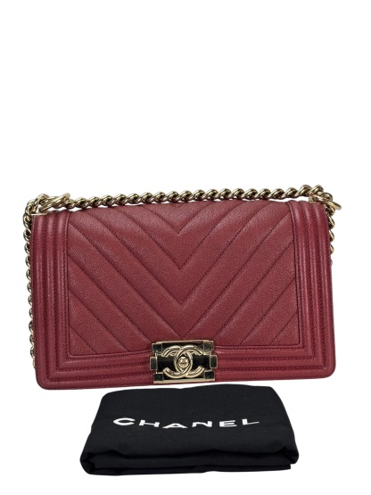 CHANEL -  Medium Boy Flap Bag Dark Red Caviar Metal Gold