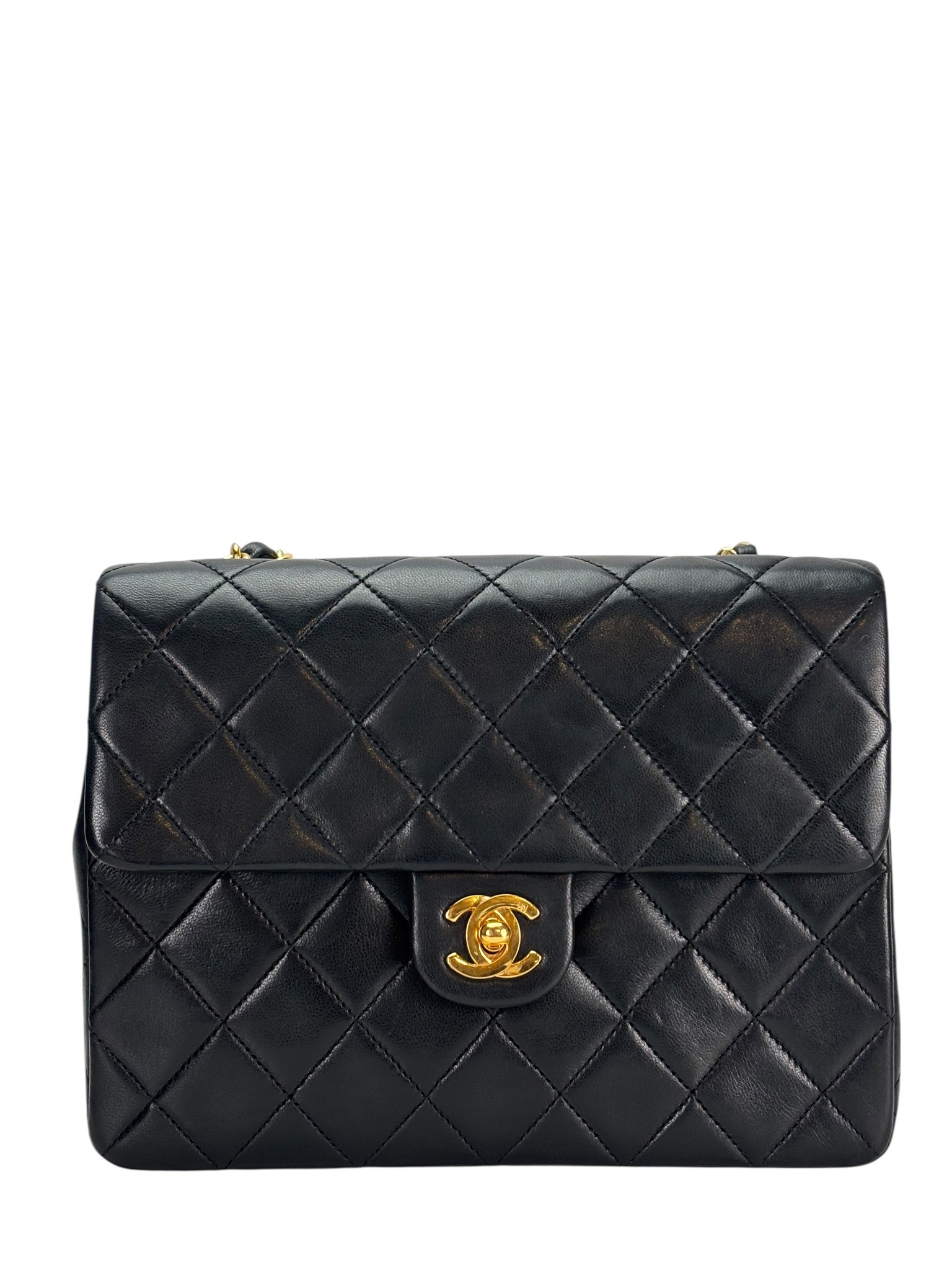 CHANEL - Black Lambskin Mini Classic Square Flap Shoulder Bag 20