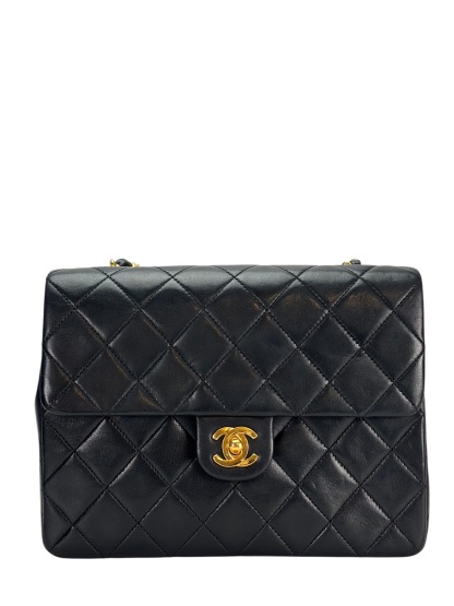 CHANEL - Black Lambskin Mini Classic Square Flap Shoulder Bag 20