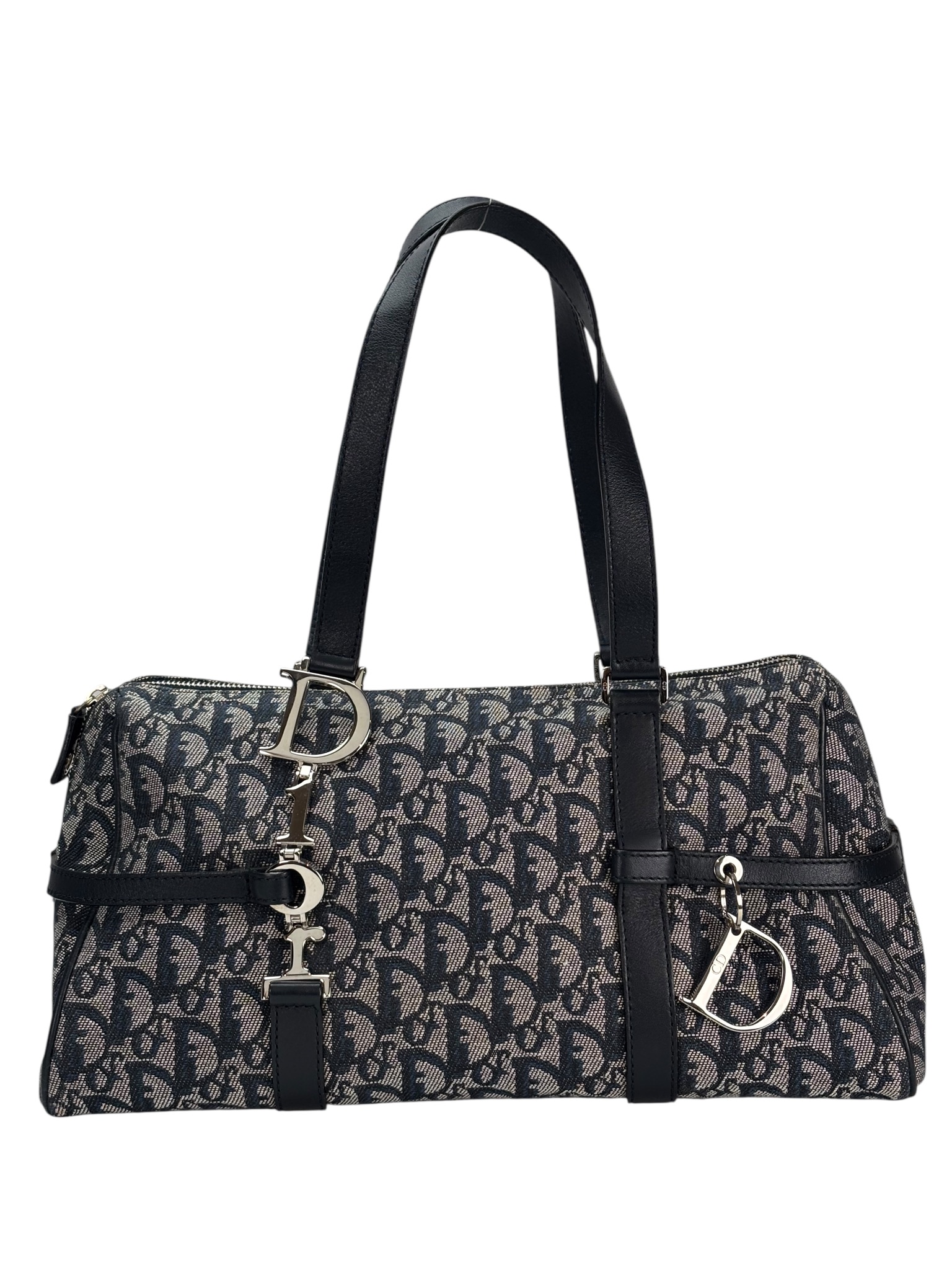 CHRISTIAN DIOR - Black Canvas Leather Trotter Logo Handbag Sliver Hardware