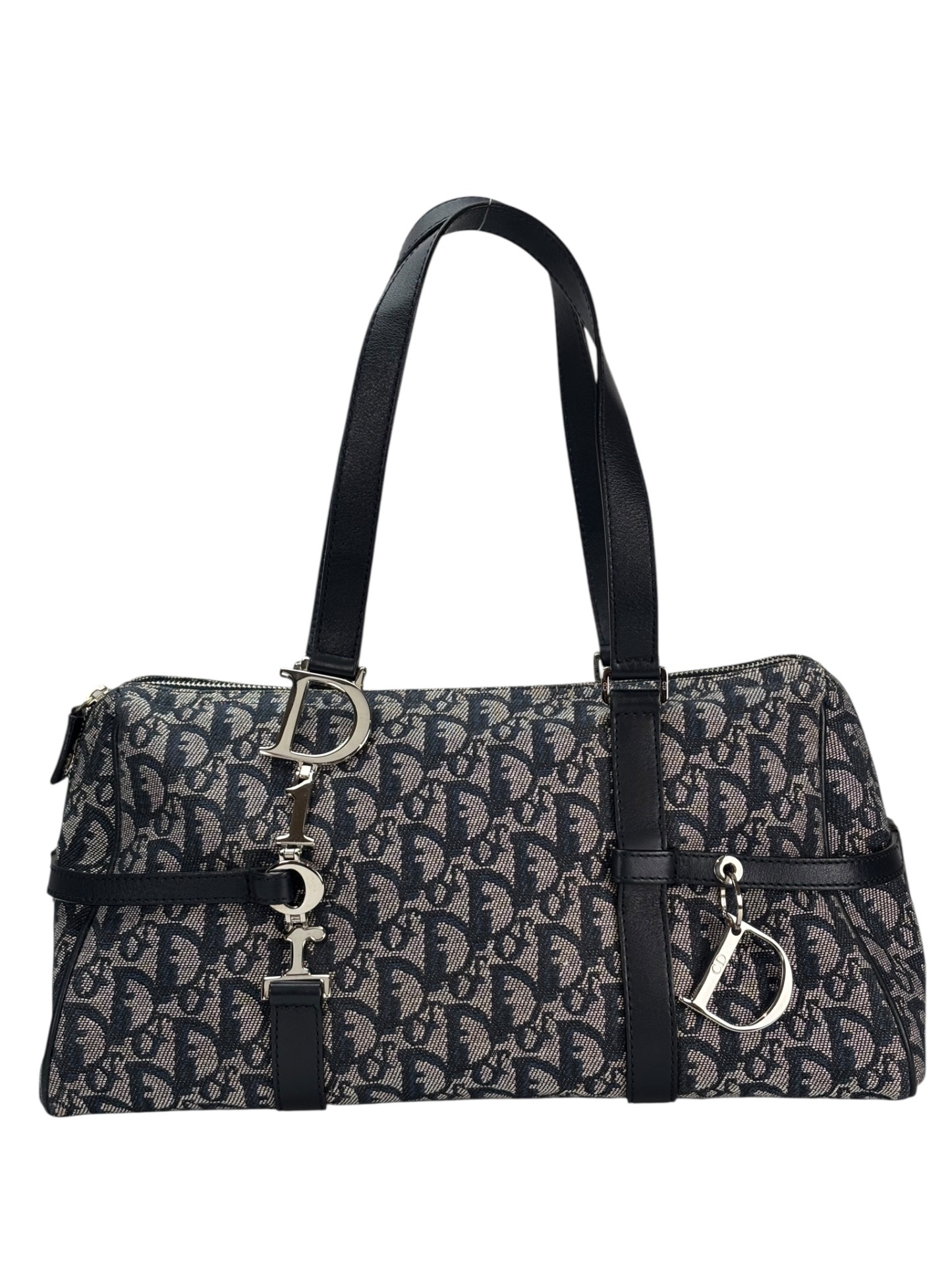 CHRISTIAN DIOR - Black Canvas Leather Trotter Logo Handbag Sliver Hardware