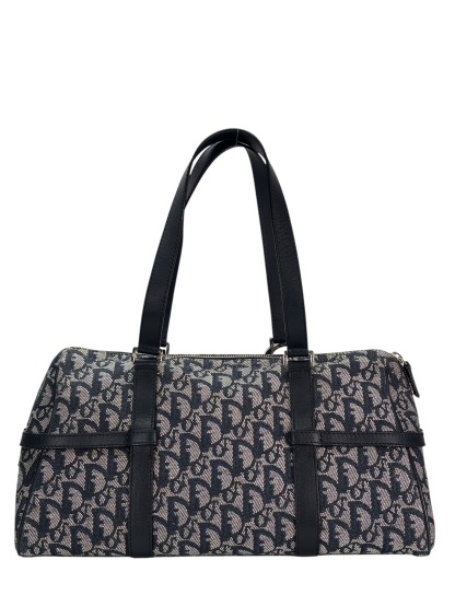 CHRISTIAN DIOR - Black Canvas Leather Trotter Logo Handbag Sliver Hardware