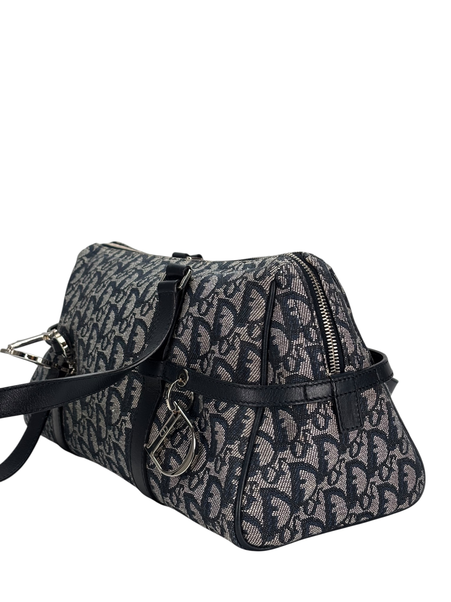 CHRISTIAN DIOR - Black Canvas Leather Trotter Logo Handbag Sliver Hardware