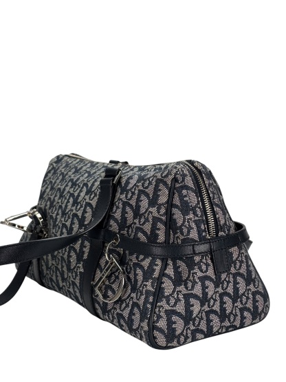 CHRISTIAN DIOR - Black Canvas Leather Trotter Logo Handbag Sliver Hardware