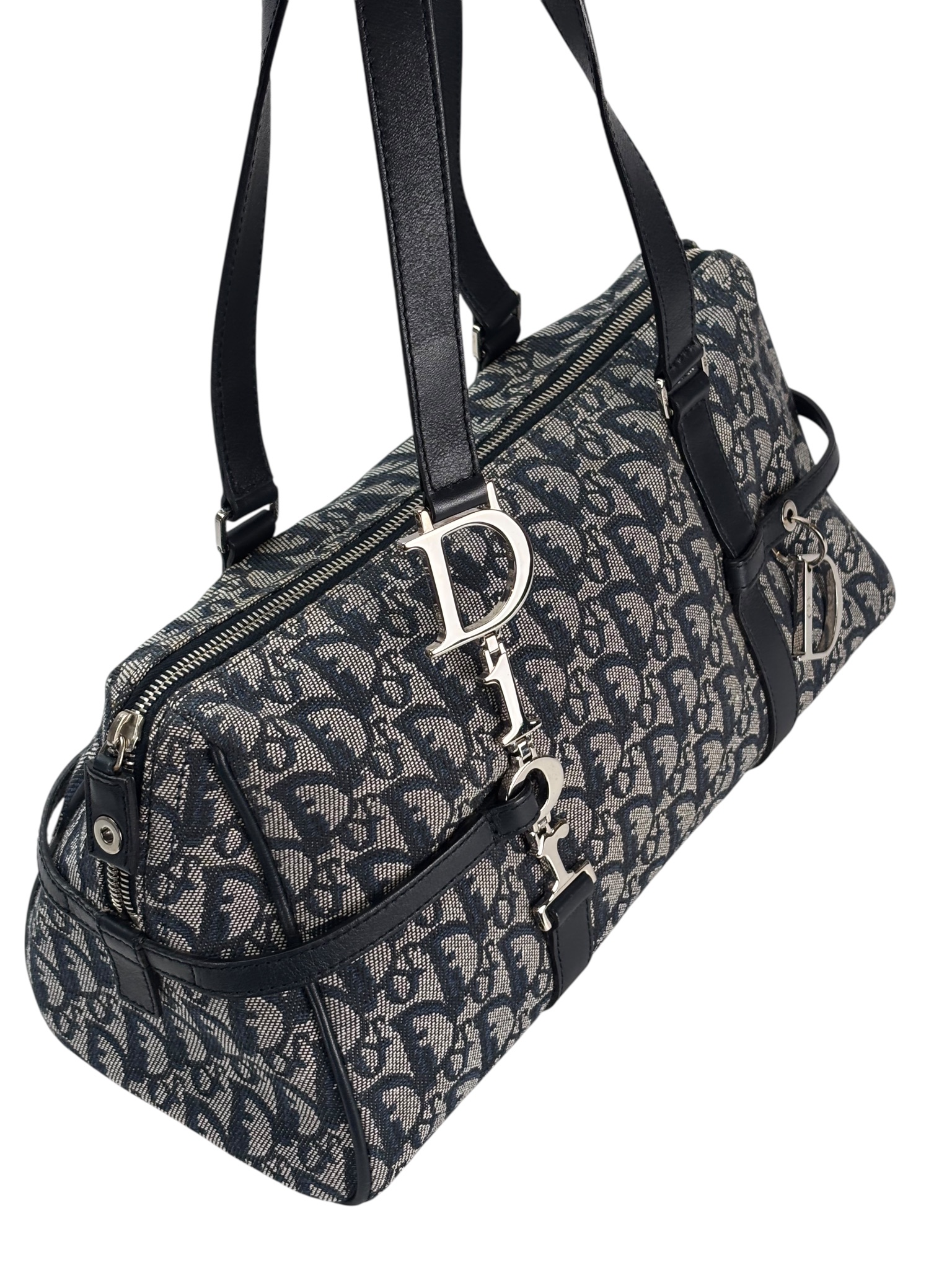 CHRISTIAN DIOR - Black Canvas Leather Trotter Logo Handbag Sliver Hardware