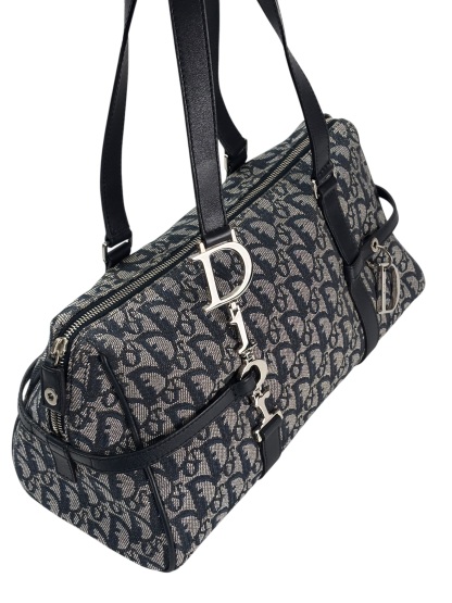 CHRISTIAN DIOR - Black Canvas Leather Trotter Logo Handbag Sliver Hardware