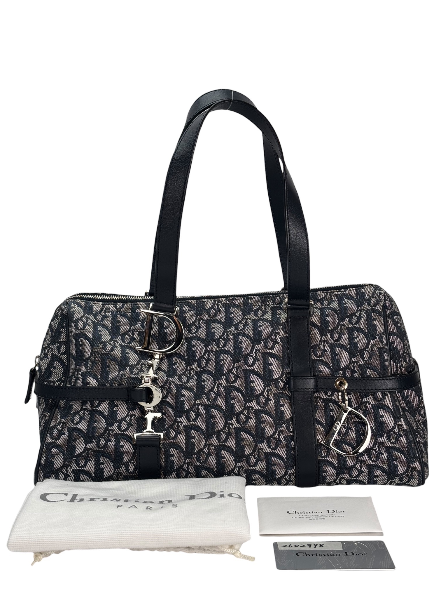 CHRISTIAN DIOR - Black Canvas Leather Trotter Logo Handbag Sliver Hardware