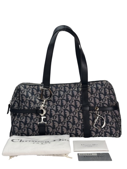 CHRISTIAN DIOR - Black Canvas Leather Trotter Logo Handbag Sliver Hardware