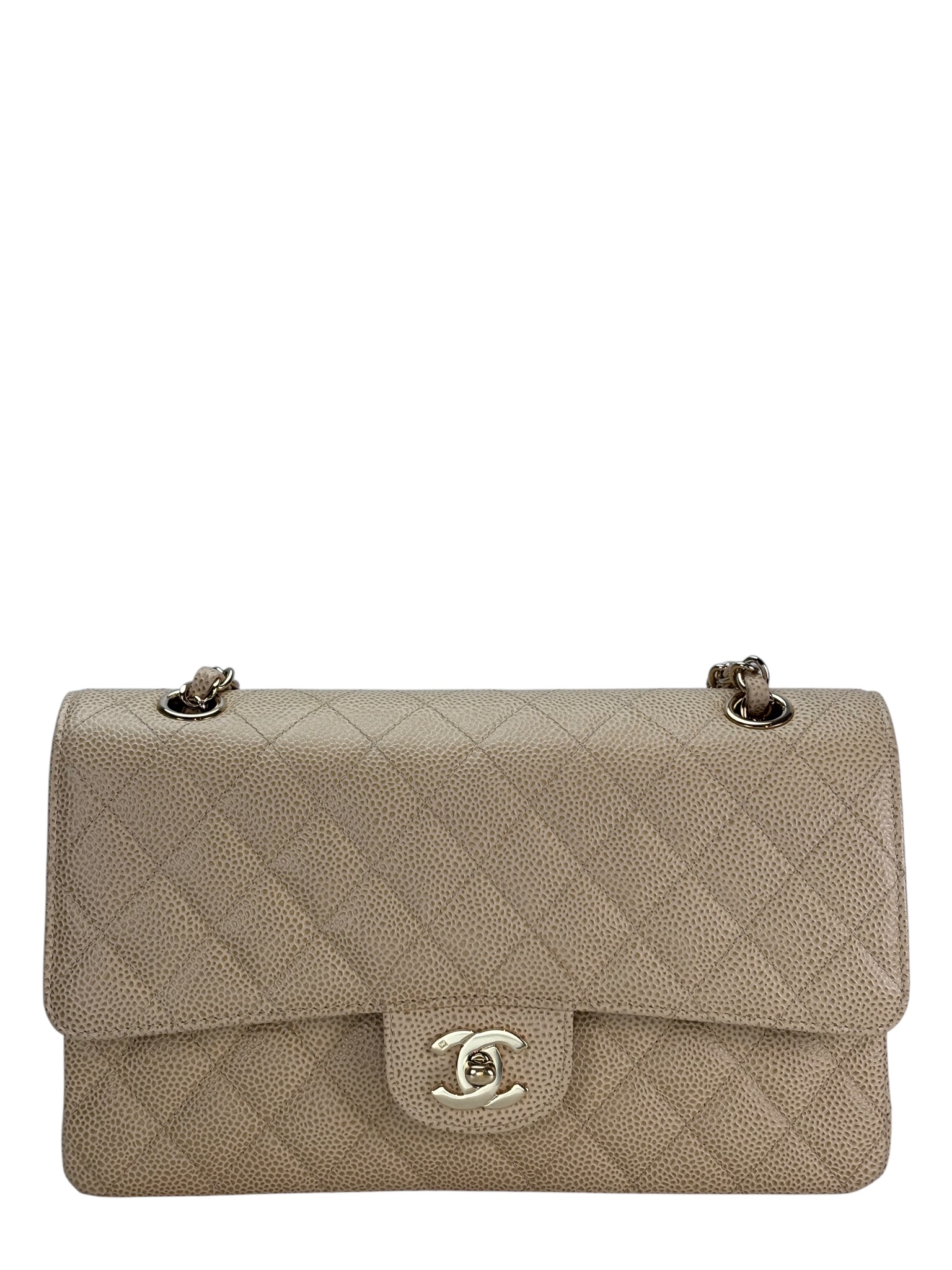 CHANEL - Medium Classic Double Flap Bag Beige Caviar Gold Hardware (CF25) 