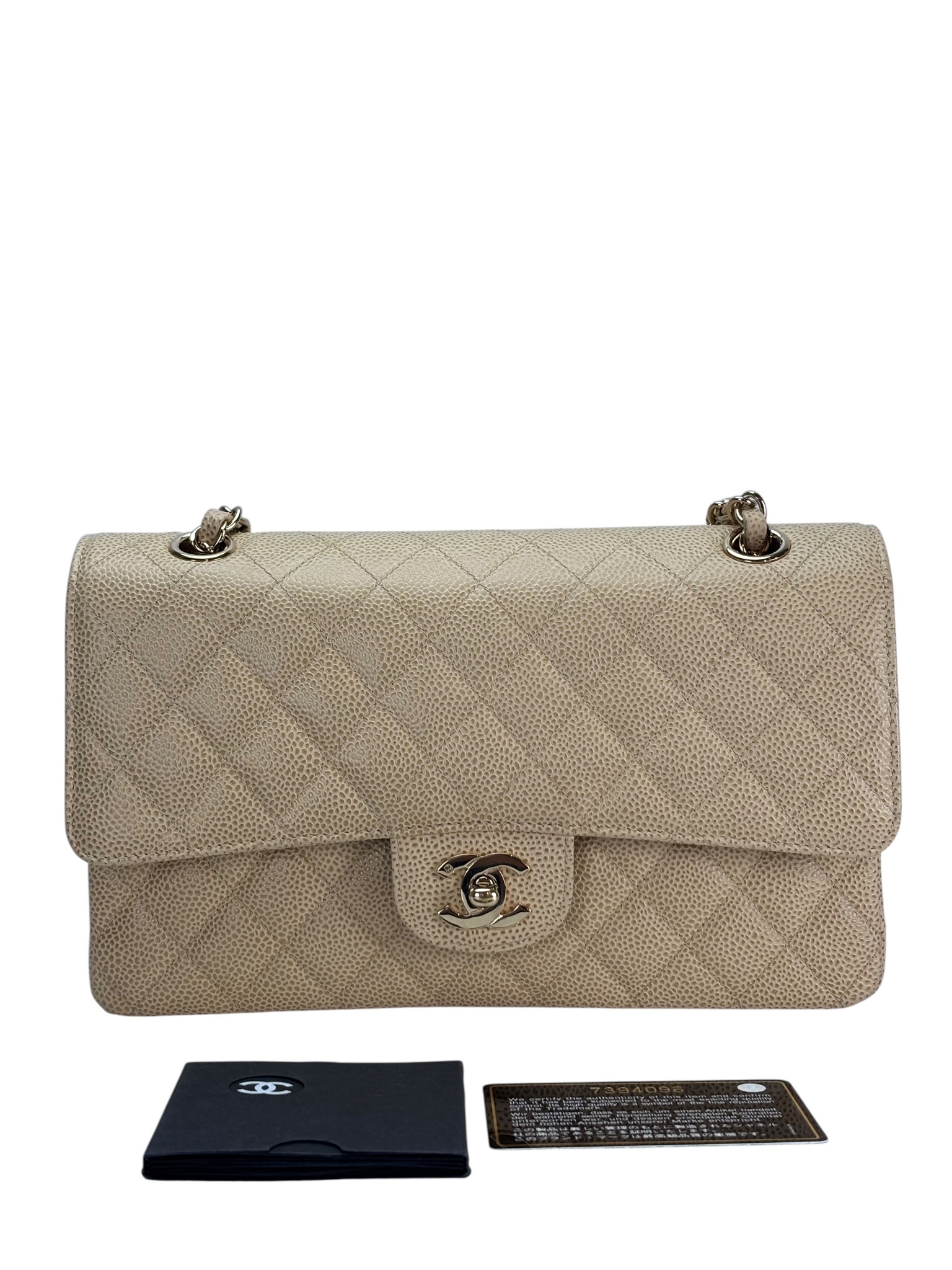 CHANEL - Medium Classic Double Flap Bag Beige Caviar Gold Hardware (CF25) 