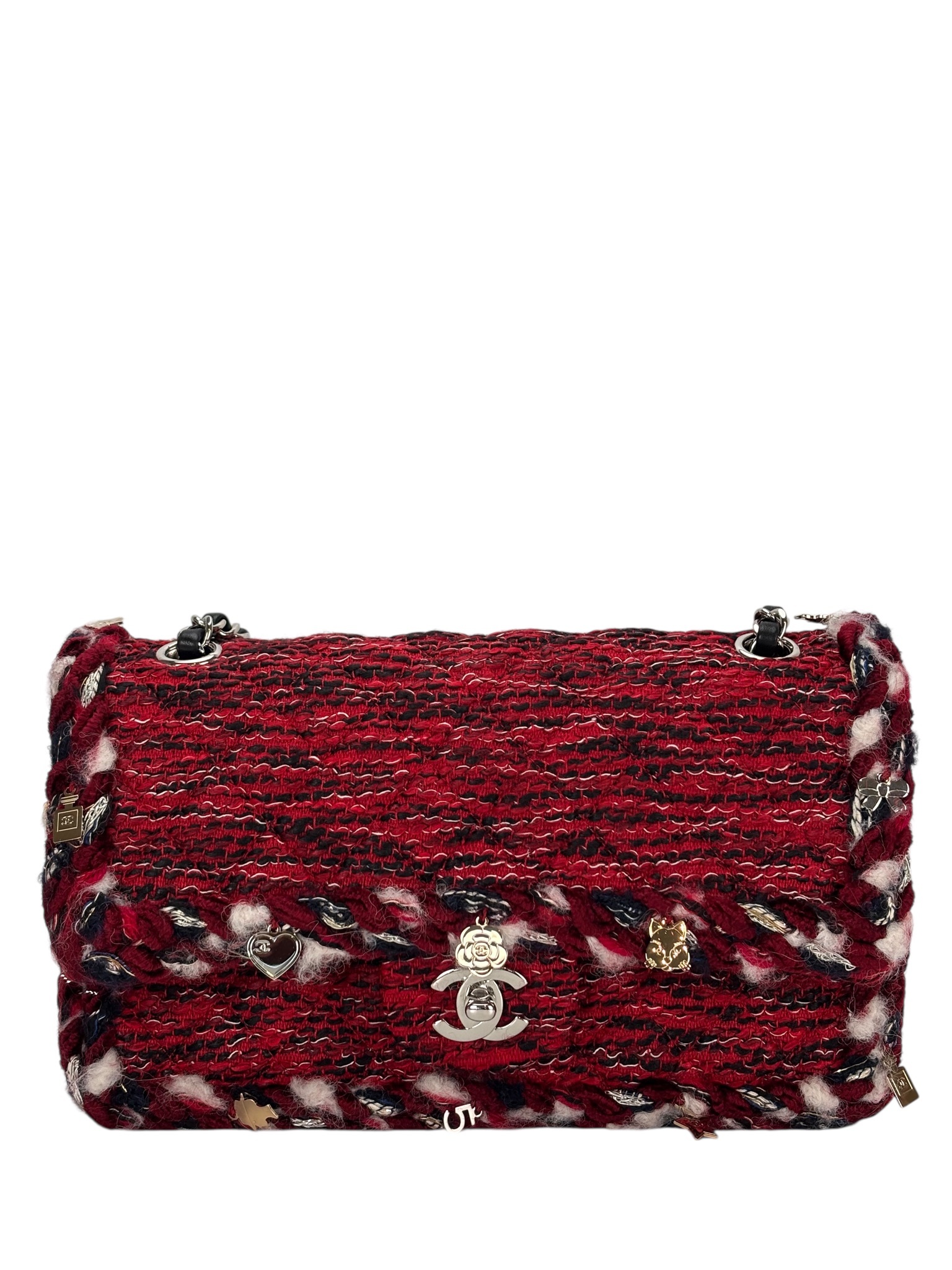 CHANEL - Medium Classic Double Flap Bag Red Tweed Sliver Hardware (CF25)