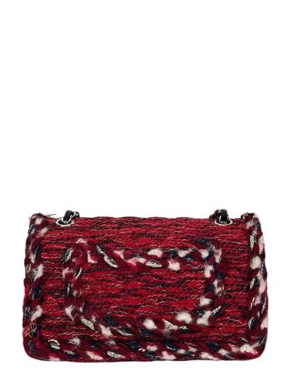 CHANEL - Medium Classic Double Flap Bag Red Tweed Sliver Hardware (CF25)