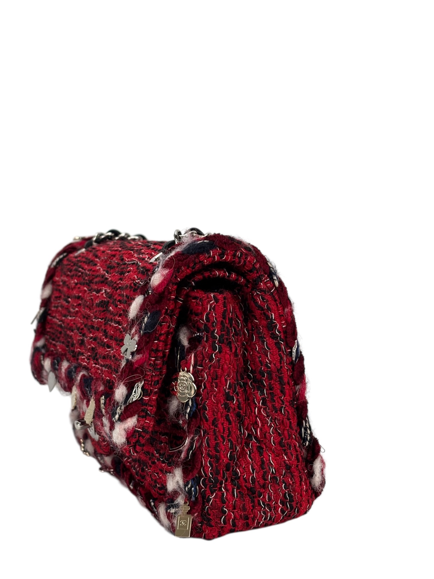 CHANEL - Medium Classic Double Flap Bag Red Tweed Sliver Hardware (CF25)