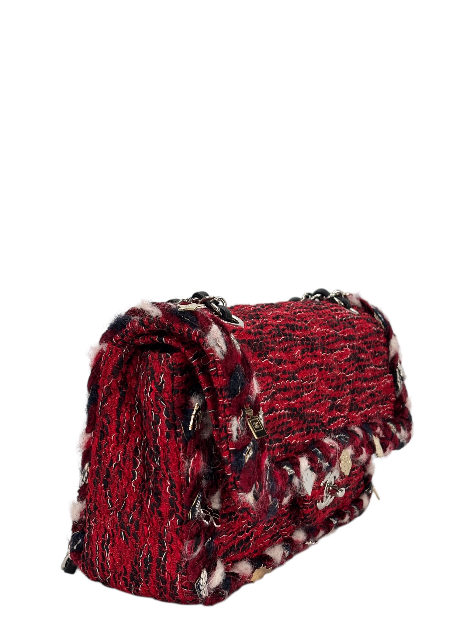 CHANEL - Medium Classic Double Flap Bag Red Tweed Sliver Hardware (CF25)