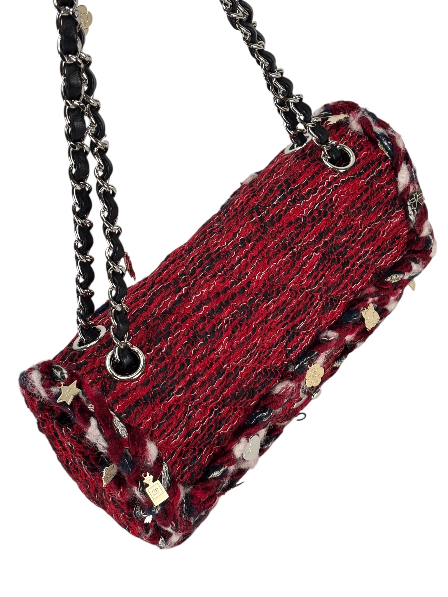 CHANEL - Medium Classic Double Flap Bag Red Tweed Sliver Hardware (CF25)