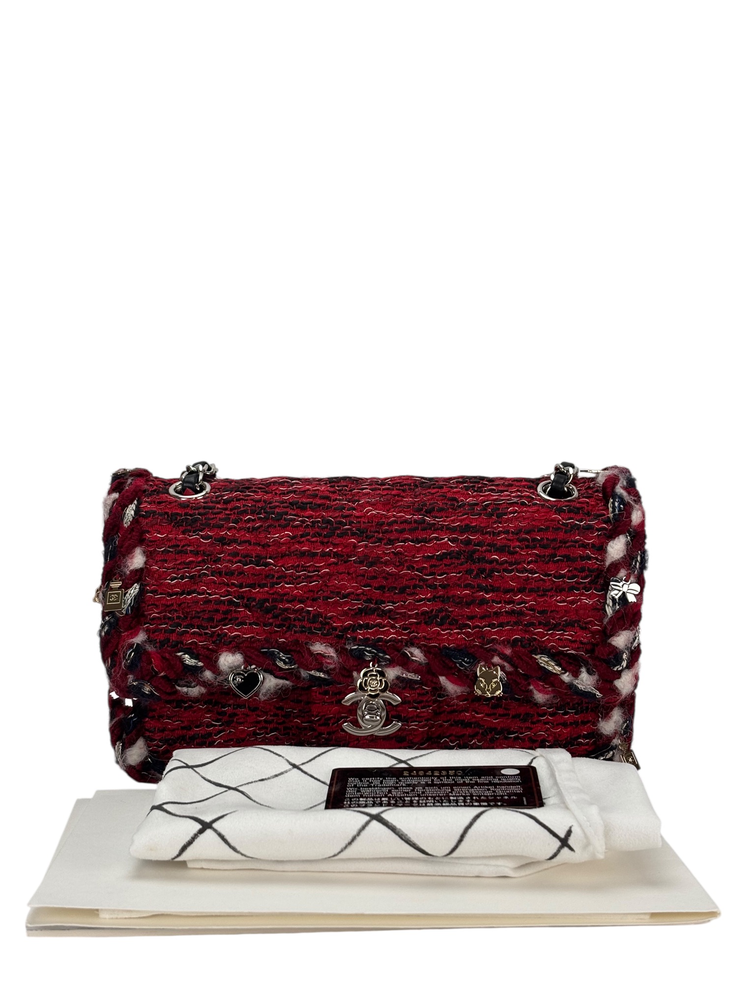 CHANEL - Medium Classic Double Flap Bag Red Tweed Sliver Hardware (CF25)