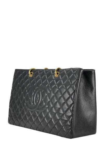 CHANEL - Black Caviar Quilted Grand Shopping Tote GST Gold Hardware