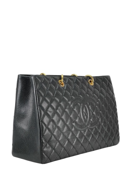 CHANEL - Black Caviar Quilted Grand Shopping Tote GST Gold Hardware