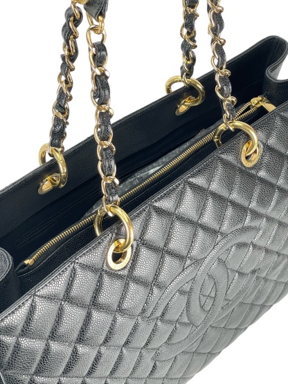 CHANEL - Black Caviar Quilted Grand Shopping Tote GST Gold Hardware
